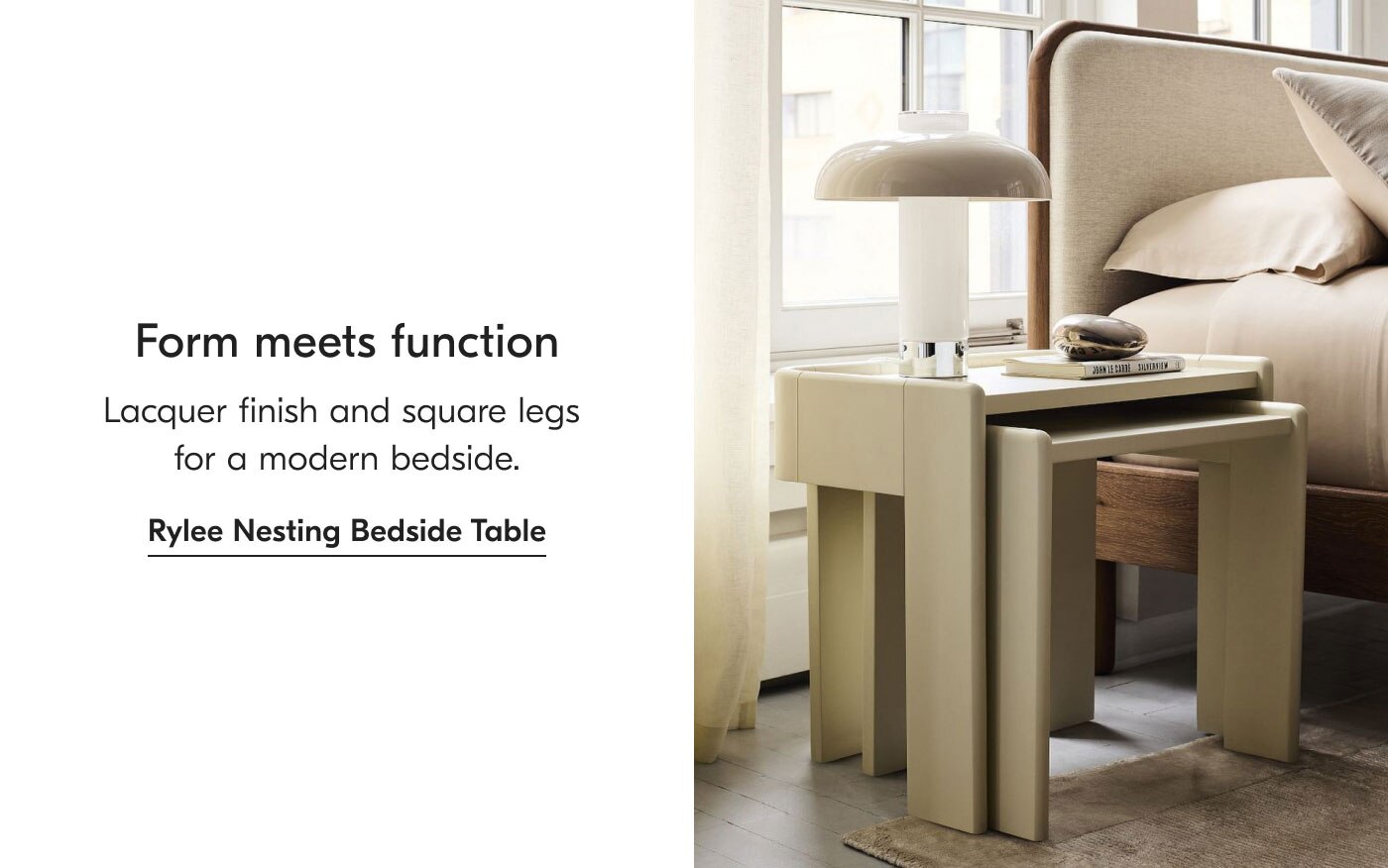 Form meets function: Lacquer finish and square legs for a modern bedside table. Rylee Nesting Bedside Table