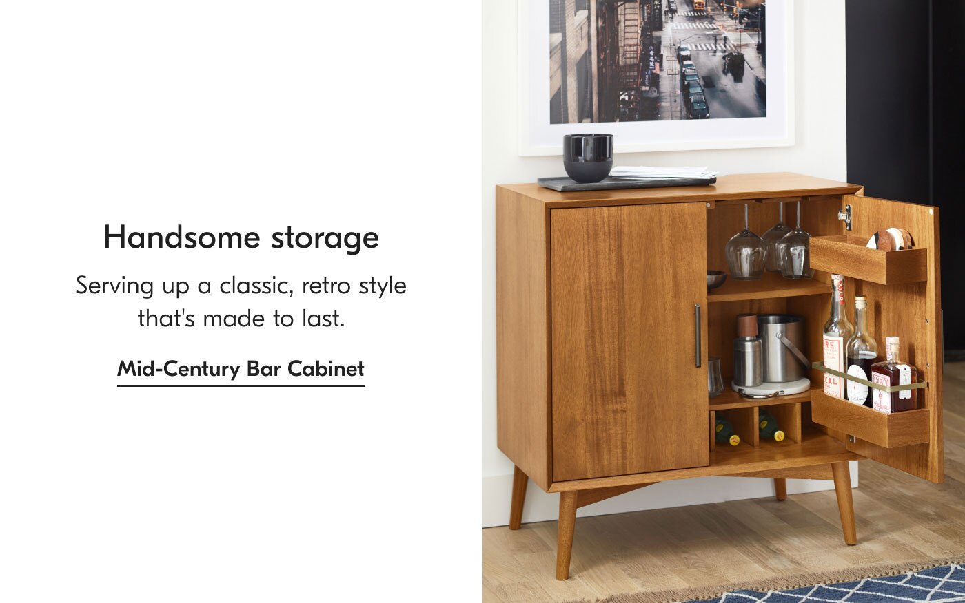 Handsome storage - Serving up a classic, retro style that's made to last. Mid-Century Bar Cabinet
