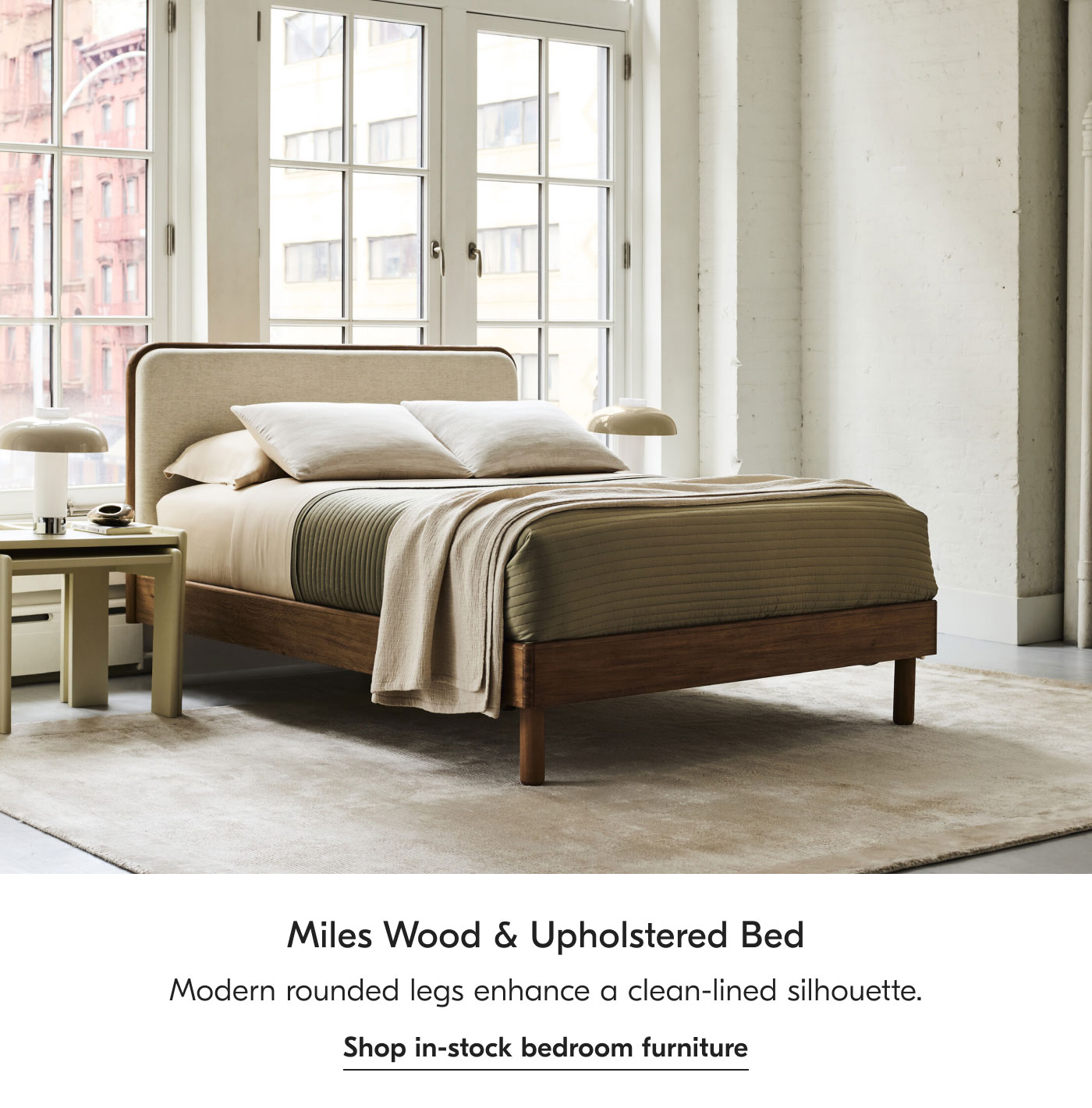 Miles Wood & Upholstered Bed - Modern rounded legs enhance a clean-lined silhouette. Shop in-stock bedroom furniture