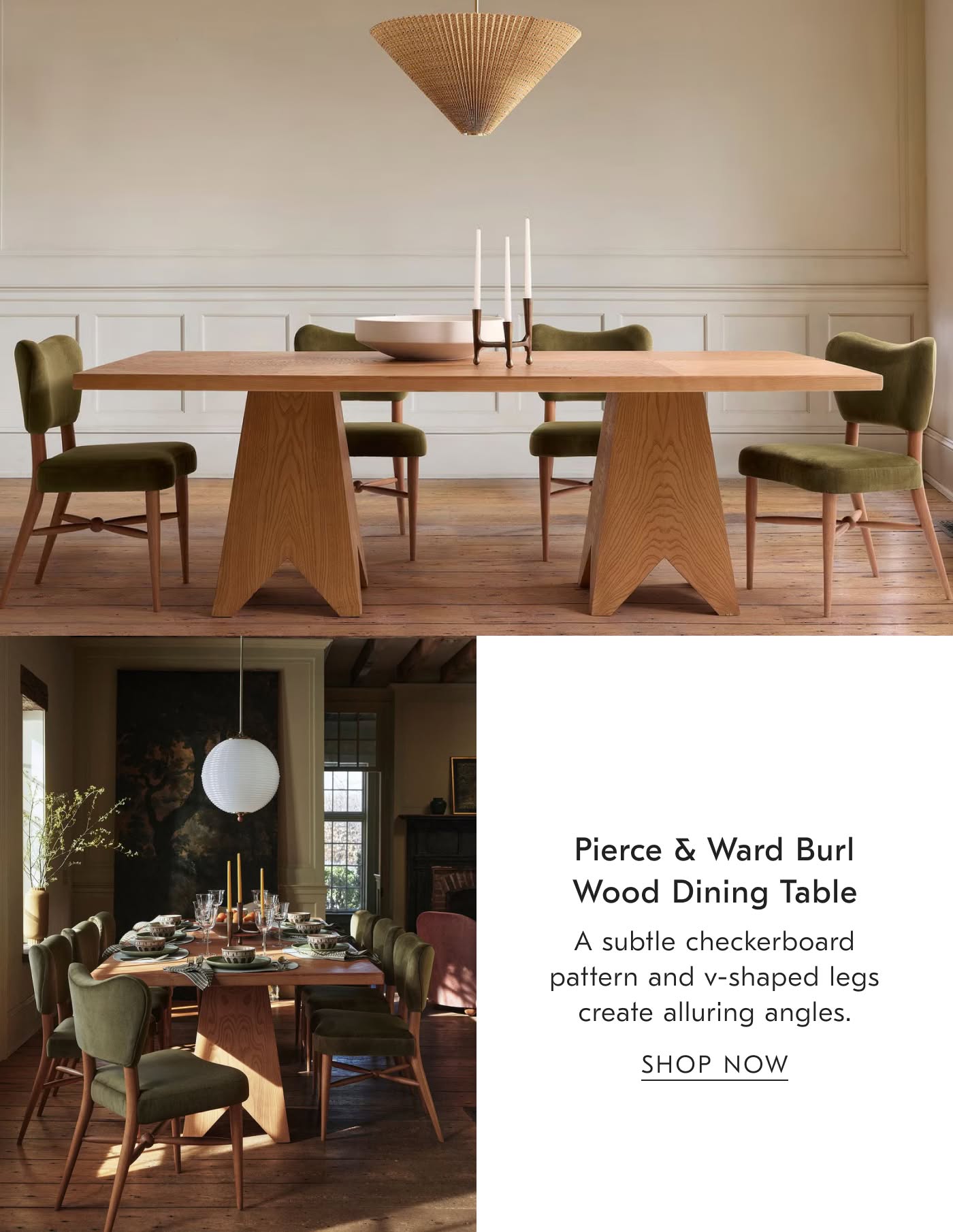 Pierce & Ward Burl Wood Dining Table | A subtle checkerboard pattern and v-shaped legs create alluring angles - Shop Now